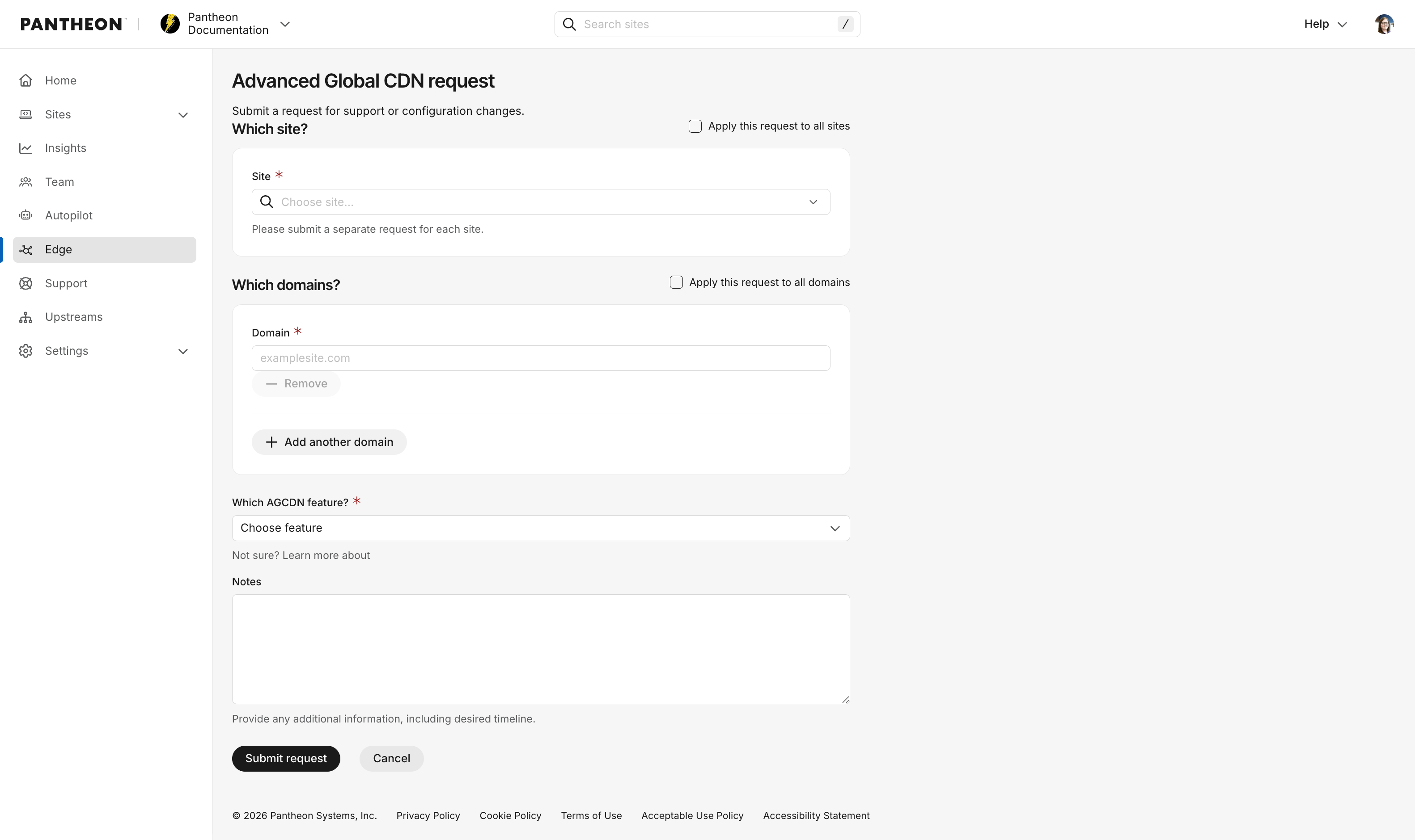 AGCDN change request form to submit tickets for configuration changes