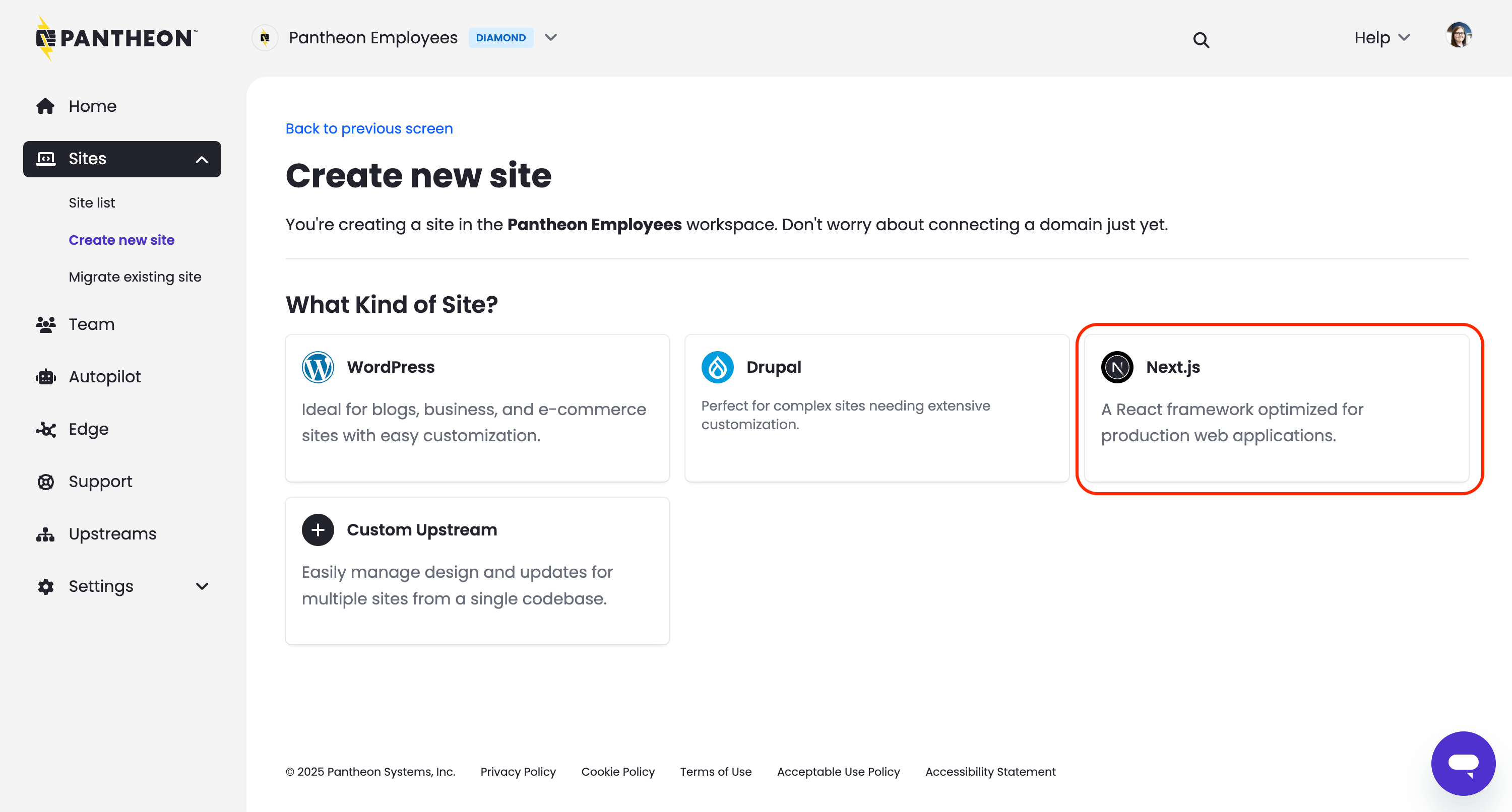 Create new site next.js from the Pantheon Workspace