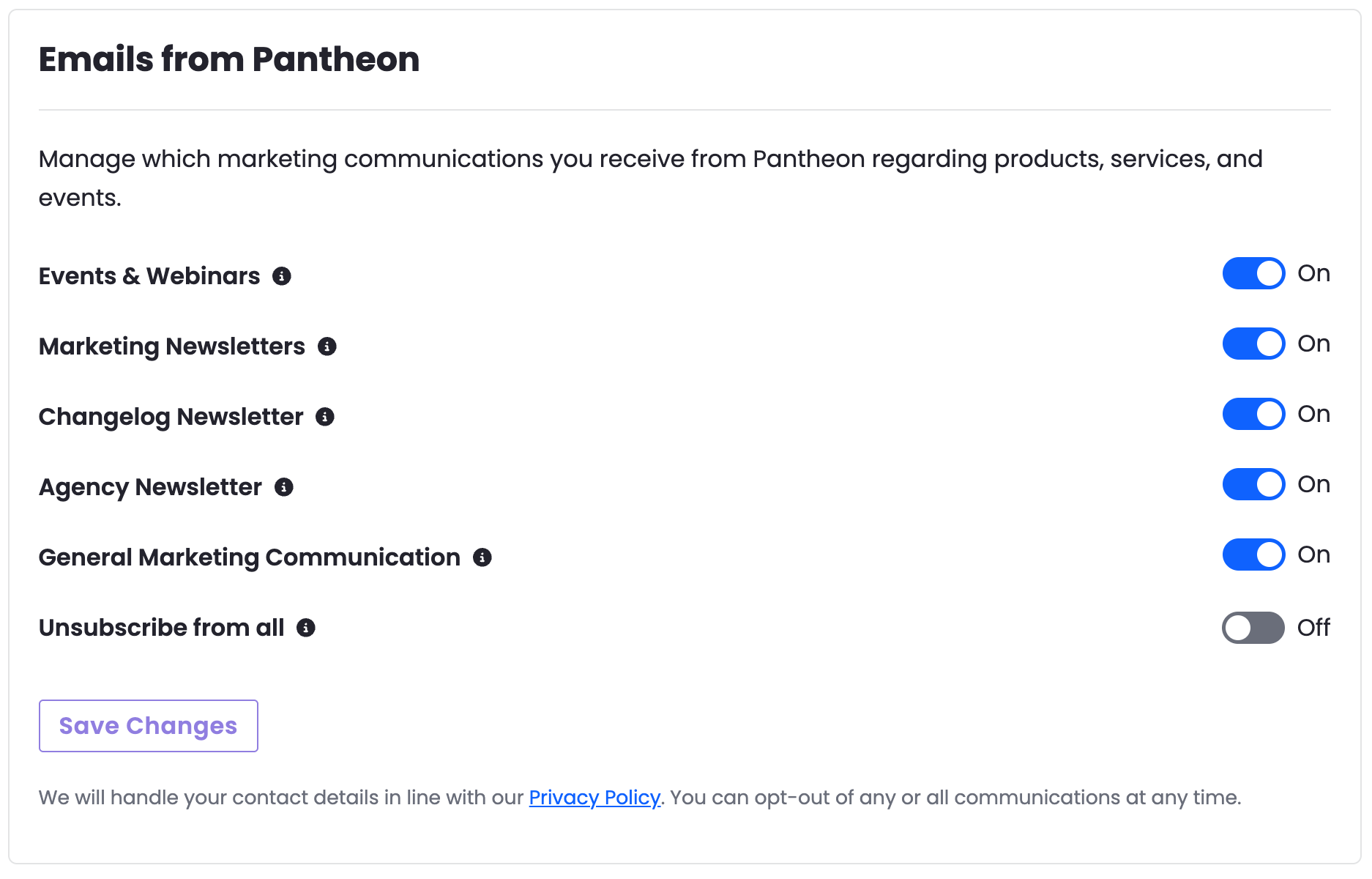 Email Notifications settings in the Pantheon Dashboard