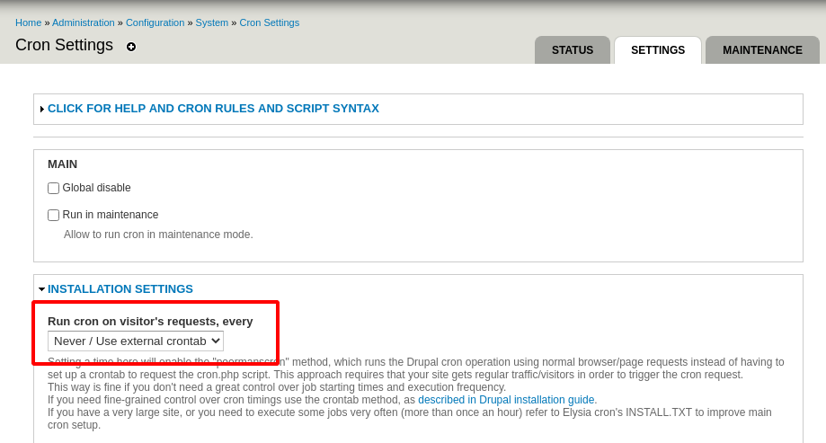 The Drupal admin interface with Run cron on visitor's requests set to Never.