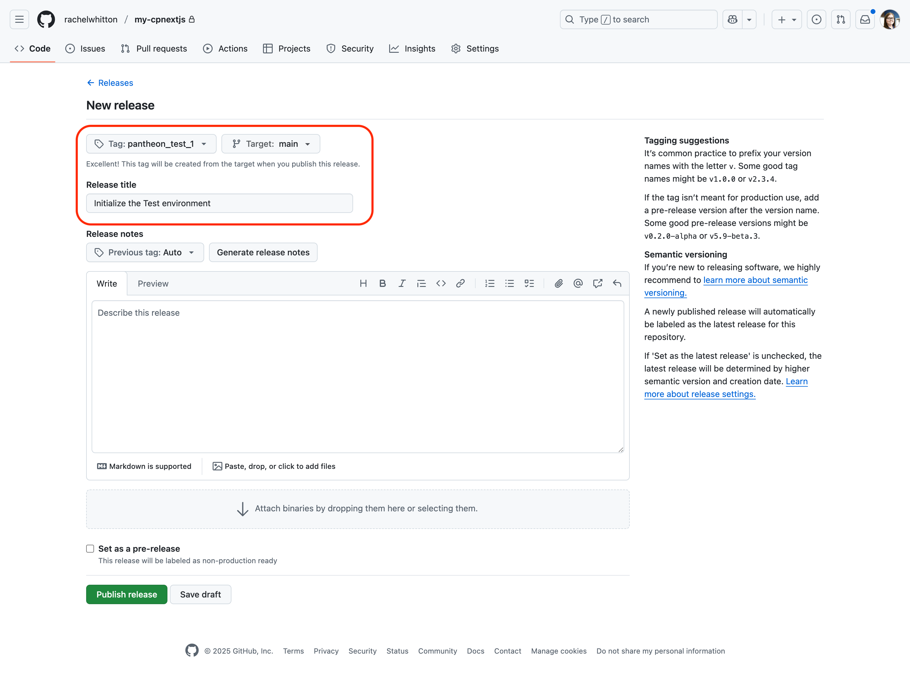 screenshot showing a new tag being created to init test env