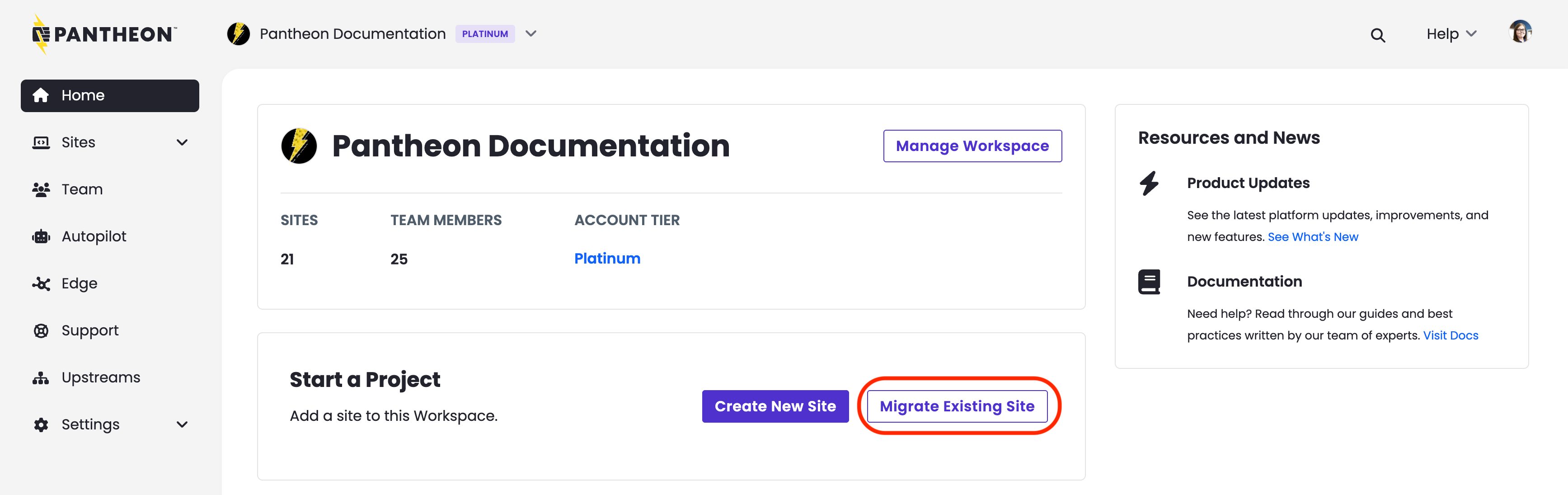 Migrate site button