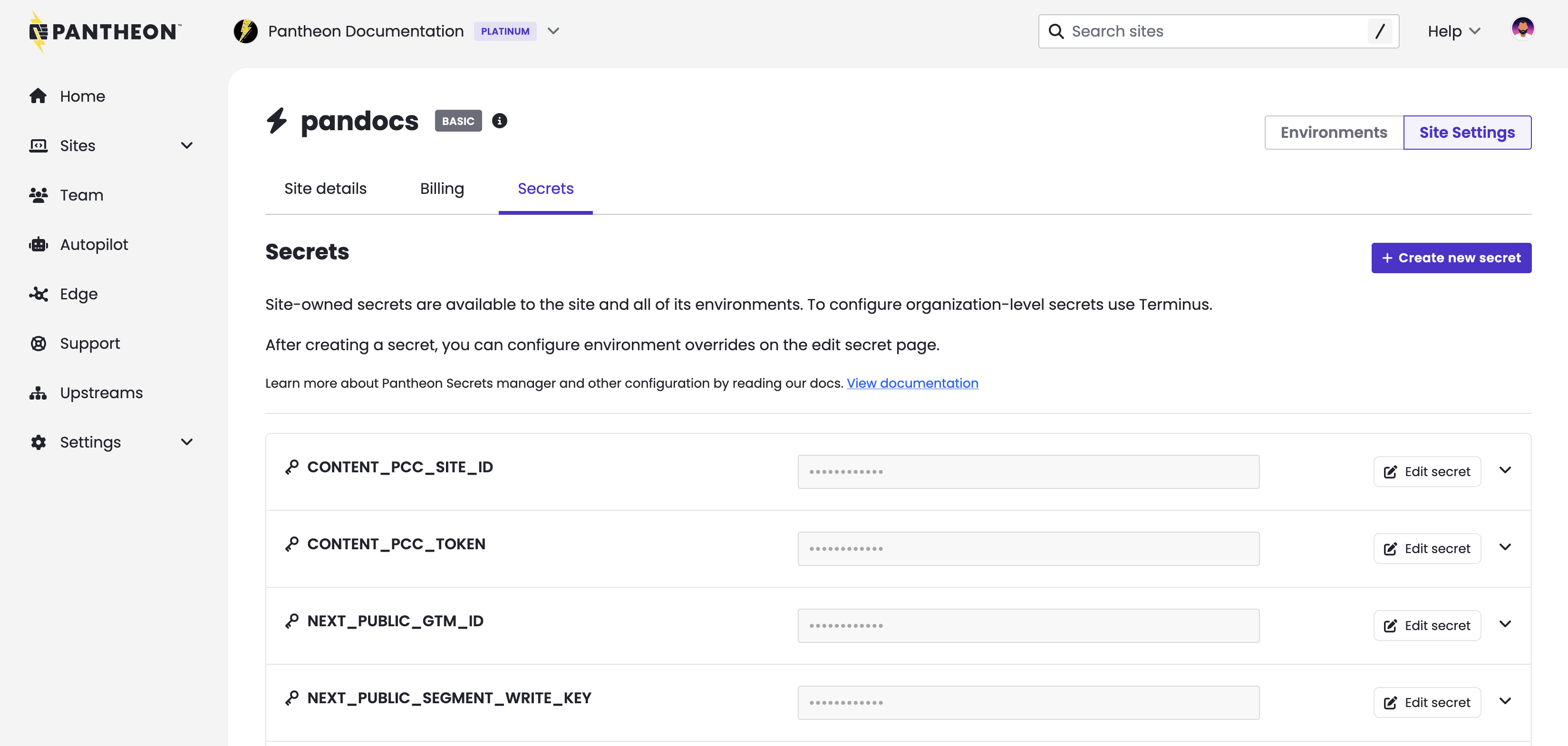 A list of secrets for a site, displayed in the Pantheon dashboard