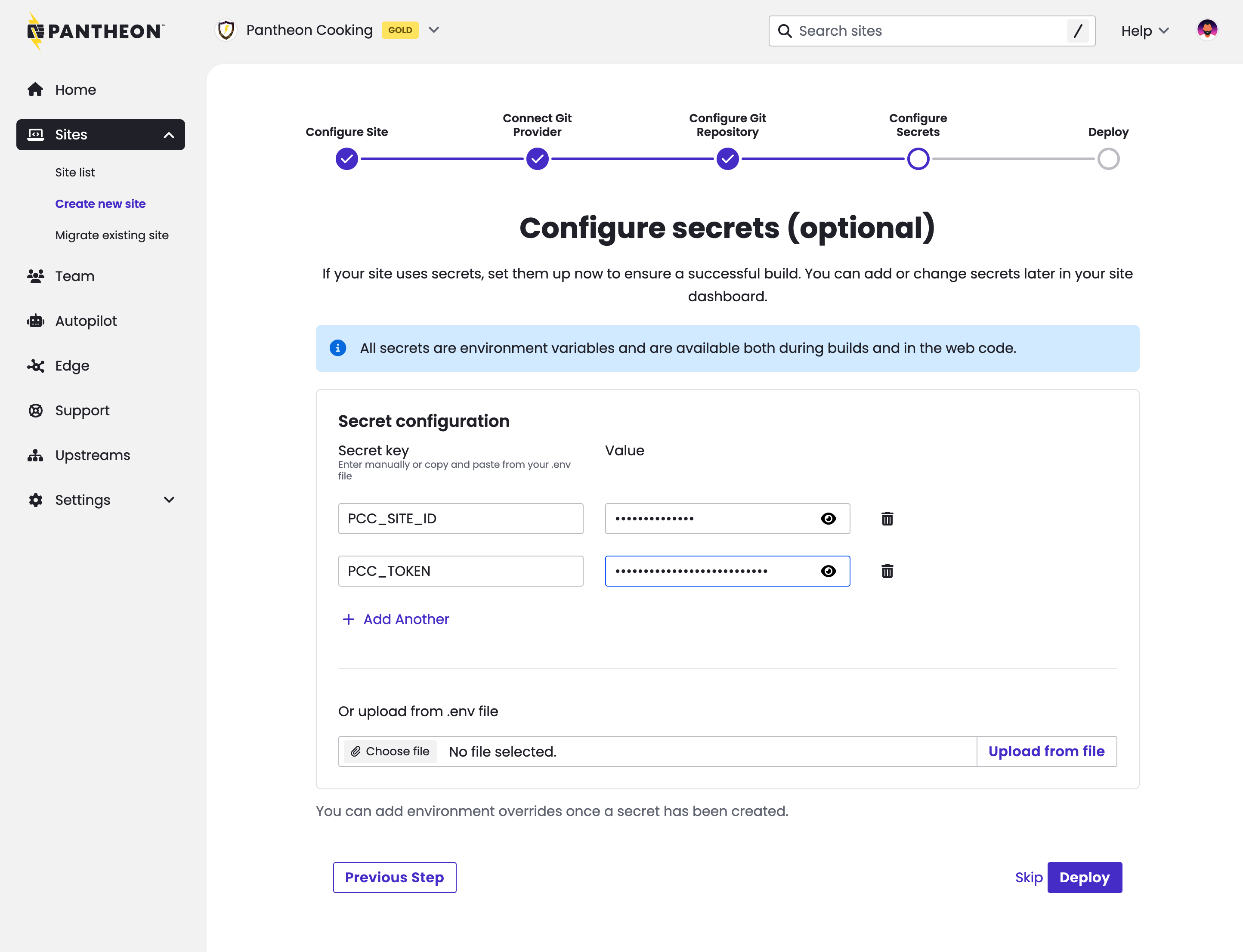 Setting secrets at site creation