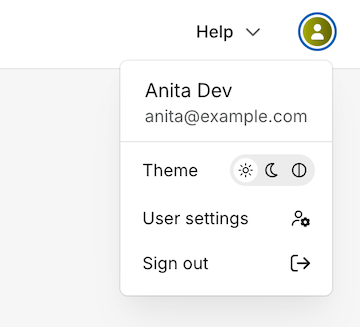 Dropdown menu showing theme settings, user settings, and a logout link