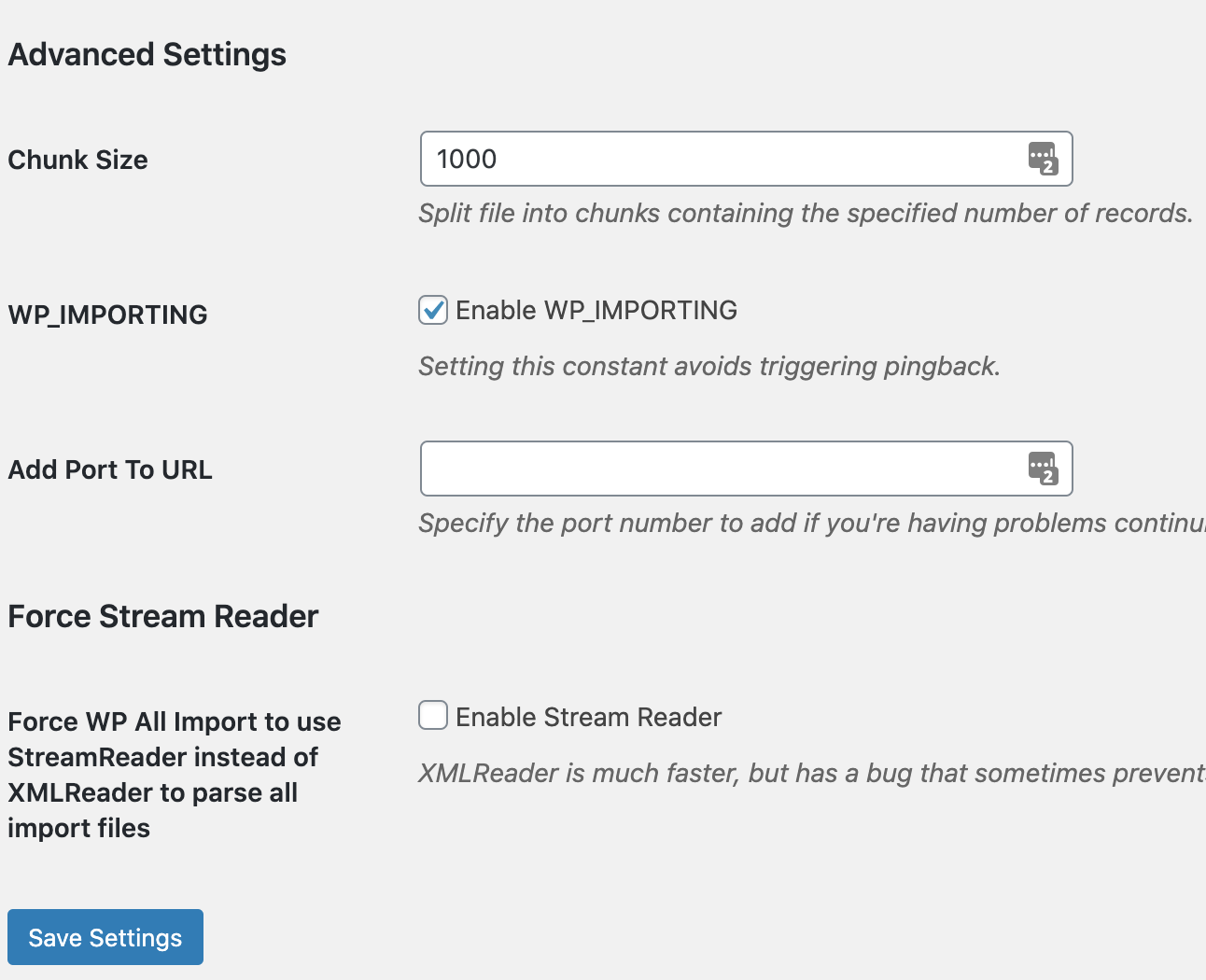 A screenshot showing the Chunk Size setting under Advanced Settings for WP Import All