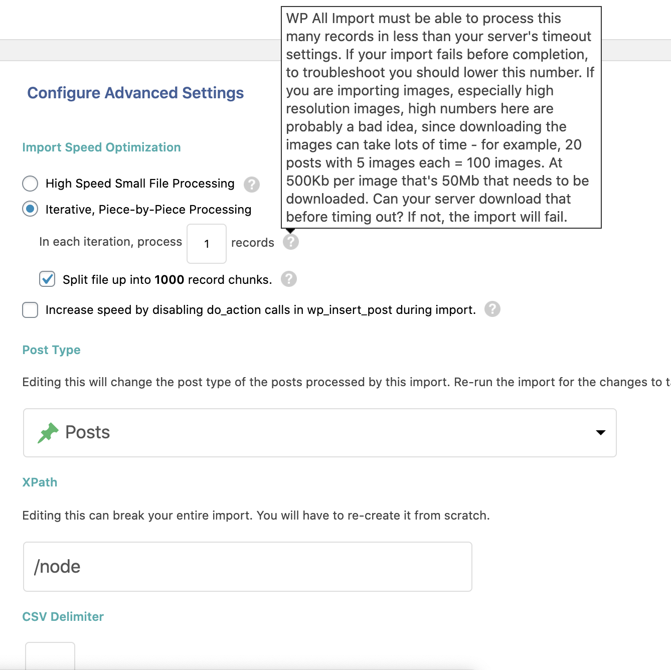 A screenshot of the Iterative, Piece-by-Piece processing option under Advanced Settings for WP Import All
